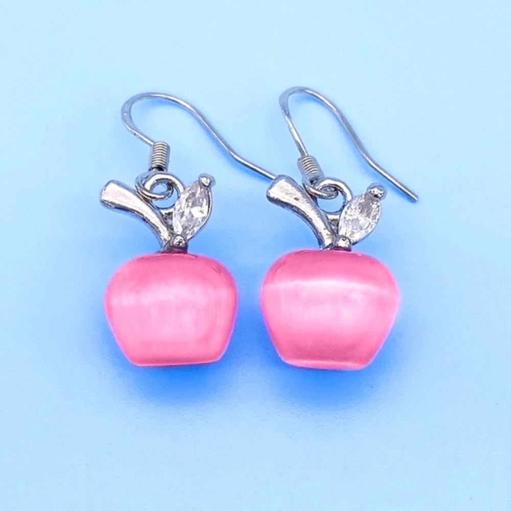 Mini Pink Marble Apple Earrings • Cat Eye Stone
